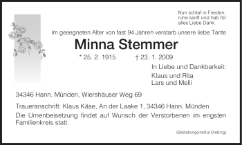 Todesanzeige von Minna Stemmer von HNA