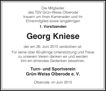 Todesanzeige von Georg Kniese von HNA