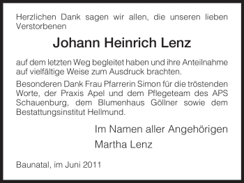 Todesanzeige von Johann Heinrich von HNA