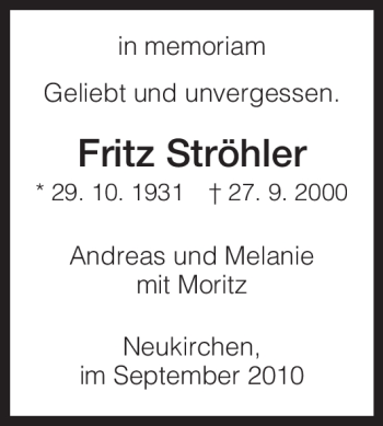 Todesanzeige von Fritz Ströhler von HNA