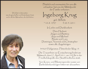 Todesanzeige von Ingeborg Krug von HNA