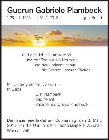 Todesanzeige von Gudrun Gabriele Plambeck von HNA