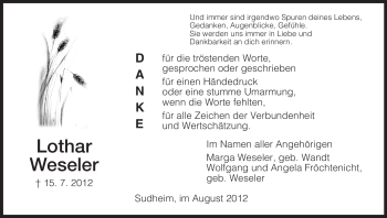 Todesanzeige von Lothar Weseler von HNA