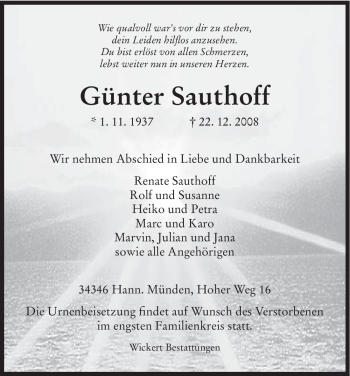 Todesanzeige von Günter Sauthoff von HNA