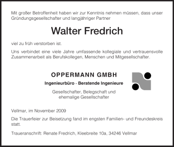 Todesanzeige von Walter Fredrich von HNA