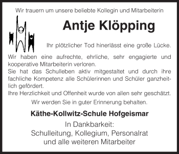 Todesanzeige von Antje Klöpping von HNA