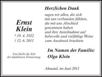 Todesanzeige von Ernst Klein von HNA