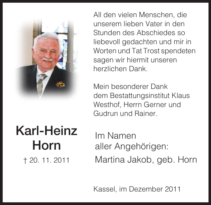  Traueranzeige für Karl-Heinz Horn vom 17.12.2011 aus HNA