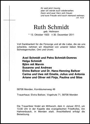 Todesanzeige von Ruth Schmidt von HNA