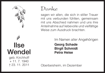 Todesanzeige von Ilse Wendel von HNA