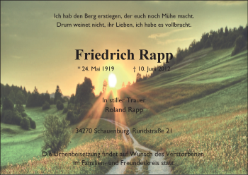 Todesanzeige von Friedrich Rapp von HNA