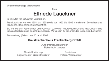 Todesanzeige von Elfriede Lauckner von HNA