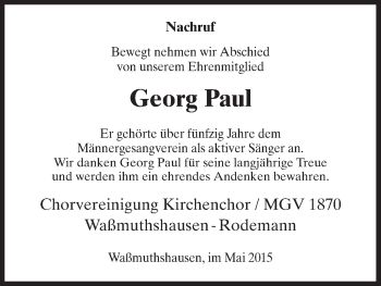 Todesanzeige von Georg Paul von HNA