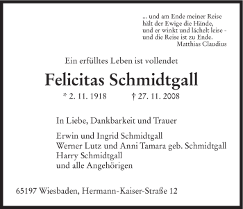 Todesanzeige von Felicitas Schmidtgall von HNA