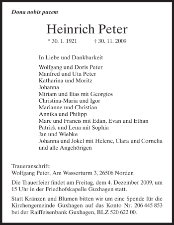 Todesanzeige von Heinrich Peter von HNA
