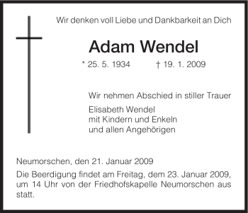 Todesanzeige von Adam Wendel von HNA