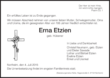 Todesanzeige von Erna Etzien von HNA