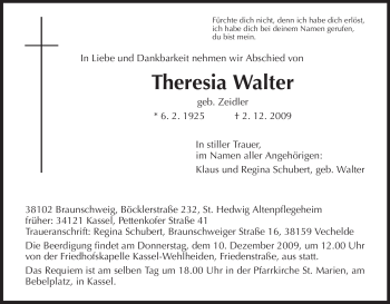 Todesanzeige von Theresia Walter von HNA