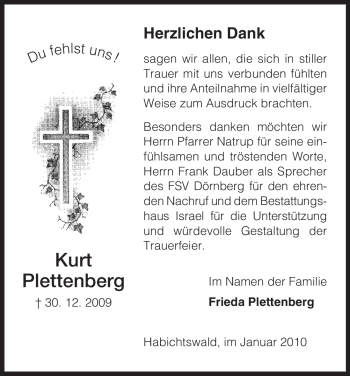 Todesanzeige von Kurt Plettenberg von HNA