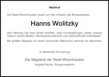 Todesanzeige von Hanns Wolitzky von HNA
