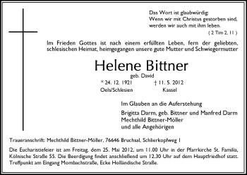 Todesanzeige von Helene Bittner von HNA