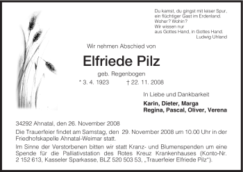 Todesanzeige von Elfriede Pilz von HNA