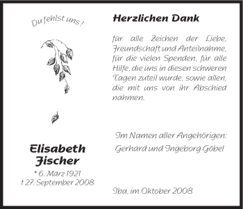 Todesanzeige von Elisabeth Fischer von HNA