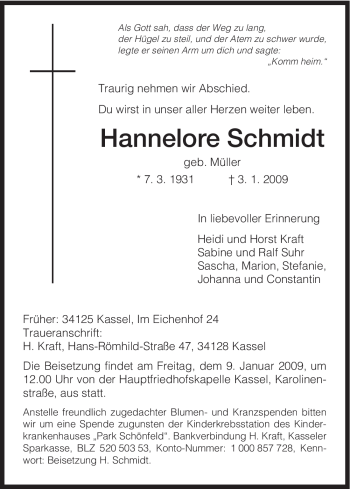 Todesanzeige von Hannelore Schmidt von HNA