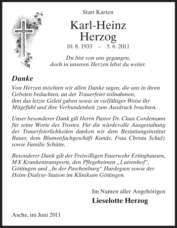 Todesanzeige von Karl-Heinz Herzog von HNA