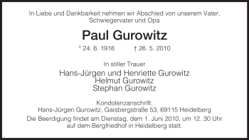 Todesanzeige von Paul Gurowitz von HNA