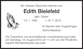 Todesanzeige von Edith Bielefeld von HNA