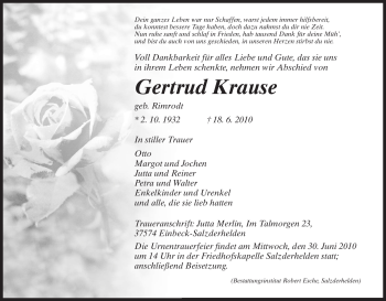 Todesanzeige von Gertrud Krause von HNA