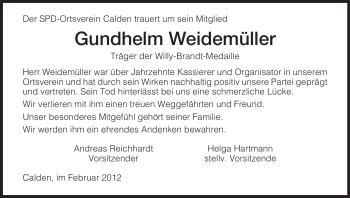 Todesanzeige von Gundhelm Weidemüller von HNA