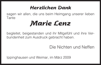 Todesanzeige von Marie Lenz von HNA