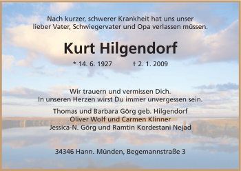Todesanzeige von Kurt Hilgendorf von HNA