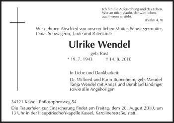 Todesanzeige von Ulrike Wendel von HNA