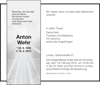 Todesanzeige von Anton Wehr von HNA