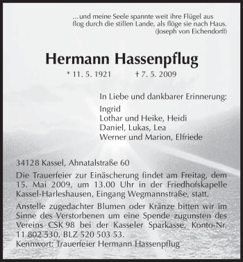 Todesanzeige von Hermann Hassenpflug von HNA