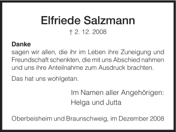 Todesanzeige von Elfriede Salzmann von HNA