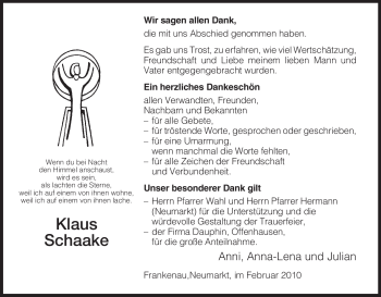 Todesanzeige von Klaus Schaake von HNA