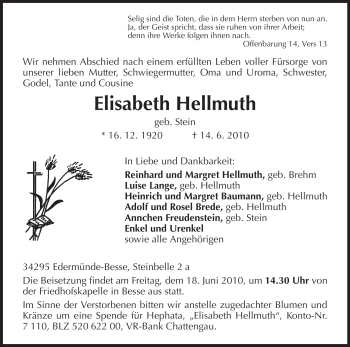 Todesanzeige von Elisabeth Hellmuth von HNA