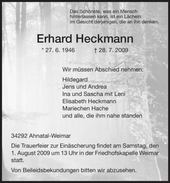 Todesanzeige von Erhard Heckmann von HNA