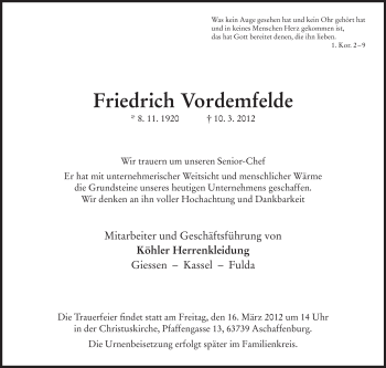 Todesanzeige von Friedrich Vordemfelde von HNA