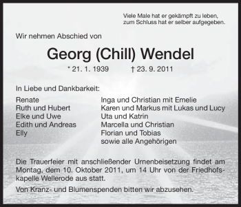 Todesanzeige von Georg Wendel von HNA