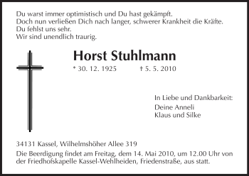 Todesanzeige von Horst Stuhlmann von HNA