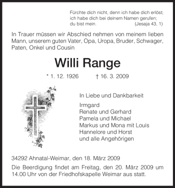Todesanzeige von Willi Range von HNA