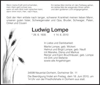 Todesanzeige von Ludwig Lompe von HNA