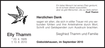 Todesanzeige von Elly Thamm von HNA