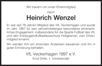 Todesanzeige von Heinrich Wenzel von HNA
