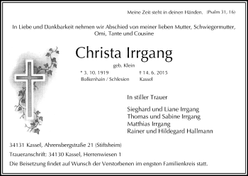 Todesanzeige von Christa Irrgang von HNA